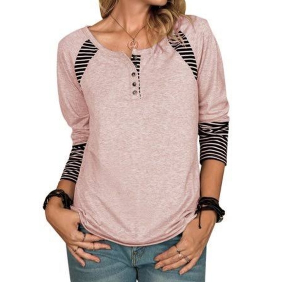 Tops - Ladies Long Sleeve Round Neck Button Top Stripe Stitching Casual T Shirt - Large